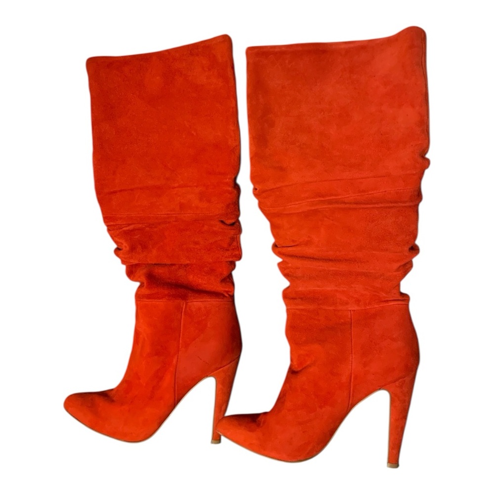 Vibrant Red Leather 5-inch Heeled Pointy Toe Boots Size 7.5 Valentine’s Day